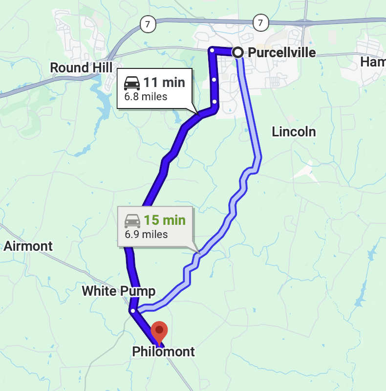 Map showing the route from Philomont to nearby towns